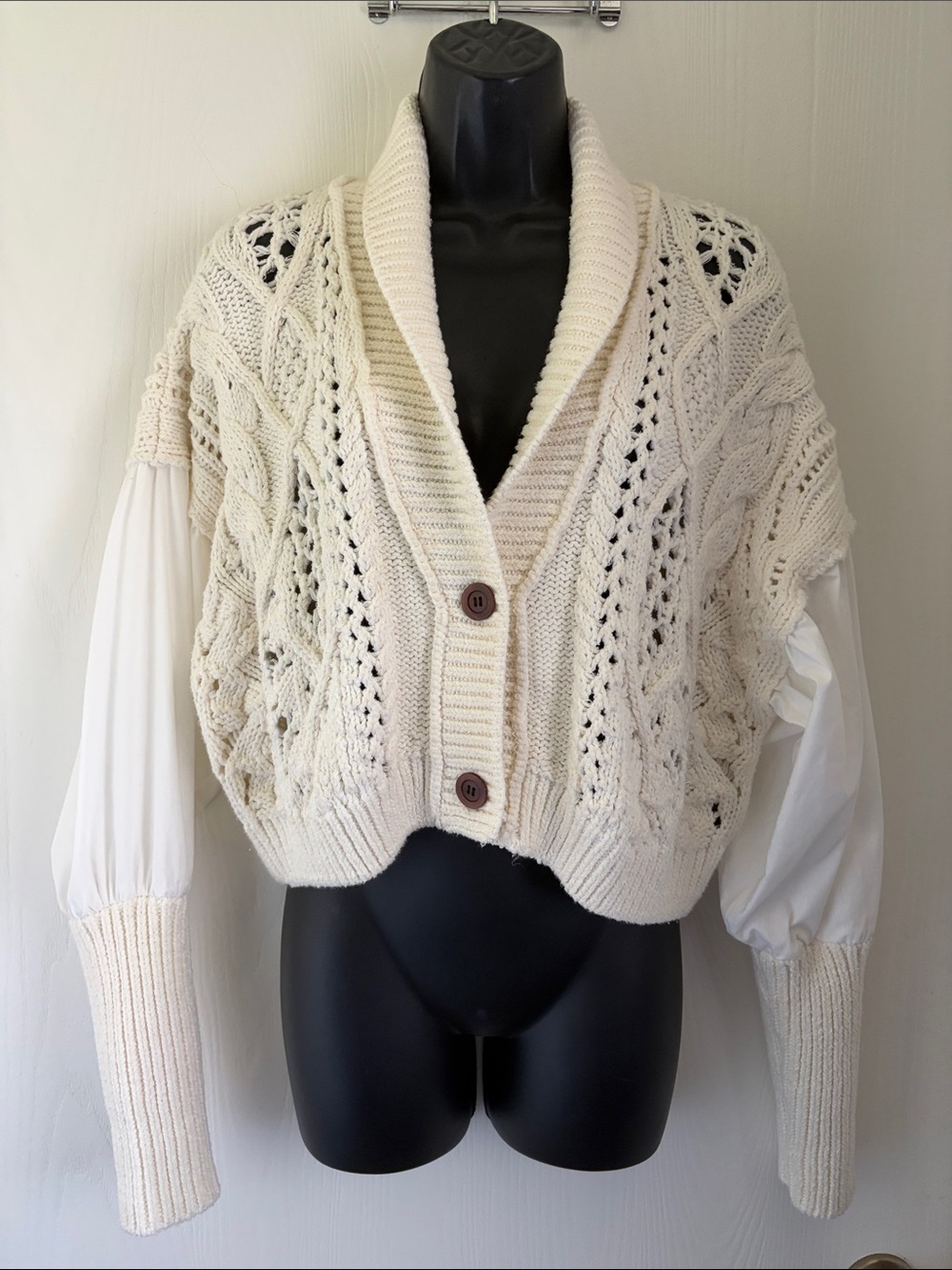 Anthropologie Balloon Sleeve Twofer Cable Knit Cardi